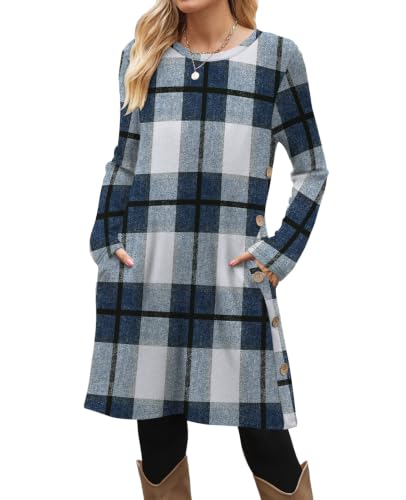Image of OFEEFAN Fall Dresses for Women 2026 Crew Neck Long Sleeve Dress with Pockets