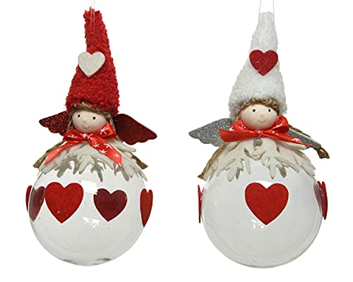 Decoris Christmas Baubles Glass Gnome Girl 16 cm x 1 Piece Assorted Angel with Hearts Transparent Red White