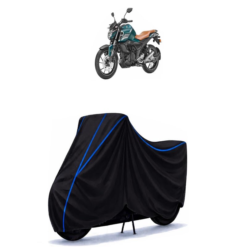 Image of FZ S V3 BS6 Bike Cover Water Resistant Universal Motorcycle Rain | Heavy Duty UV Protection, Dust, Scratch Indoor Outdoor All Weather with Black Blue Piping Elastic