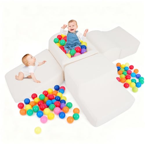 DREAMADE Parcours Motricité Bébé 5PCS avec Housse Lavable, Blocs de Construction avec Piscine à Balles, Module Motricité pour Enfant 3+ Ans, sans Balles (Sherpa,Beige)