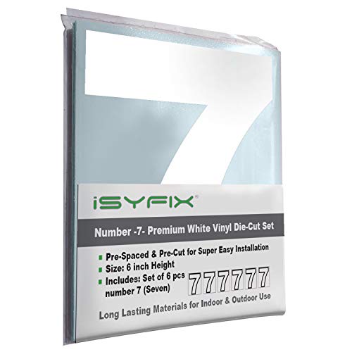 iSYFIX White Vinyl Number 7 (Seven) Stickers, 6 Inch, 6 Pack, Self Adhesive
