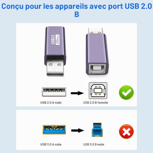 GELRHONR Lot de 2 adaptateurs USB B, USB 2.0 A mâle vers B femelle, convertisseur MIDI de type A vers B pour ordinateur portable/ordinateur/disque dur/imprimante/scanner – vue 2