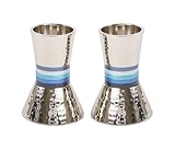 Yair Emanuel Pair of Shabbat Candlesticks | Hammered Metal Designed with Shades of Blue Rings | CA-2