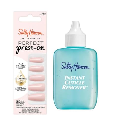 Sally Hansen Instant Cuticle Remover & Salon Effects Soul Pink Press On Nails Kit - 15 Second Cuticle Remover with Aloe & 30 Nail Designs with Nail Glue
