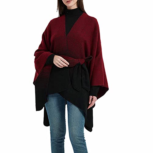 Womens Sweater Cape Coats Batwing Belted Shawl Kimono Wrap Sweaters Draping Roomy Jackets High Low Hem Belted Cardigan, Red #TOP4