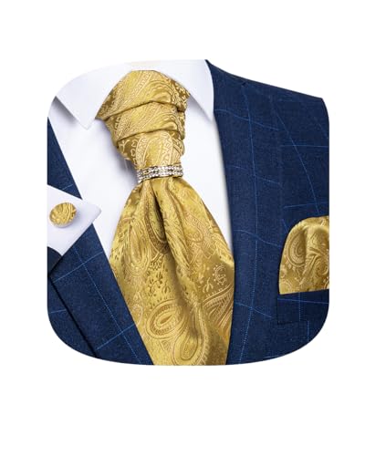 Image of DiBanGu Silk Woven Ascot Cravat with Pocket Square Set for Men | Paisley Ascot,Wrinkle-Resistant,Silky Smooth,Easy to Match,Cufflinks,Tie Ring,Wedding,Ceremonies,Party Occasions,Banquet