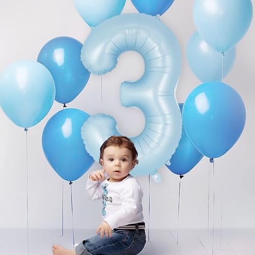 Image of Light Blue Number 3 Balloon, 40 Inch Big Large Foil Number Balloons, Giant Mylar Number 3 Balloons for 3 Year Old Birthday Baby Party Decorations Supplies Anniversary