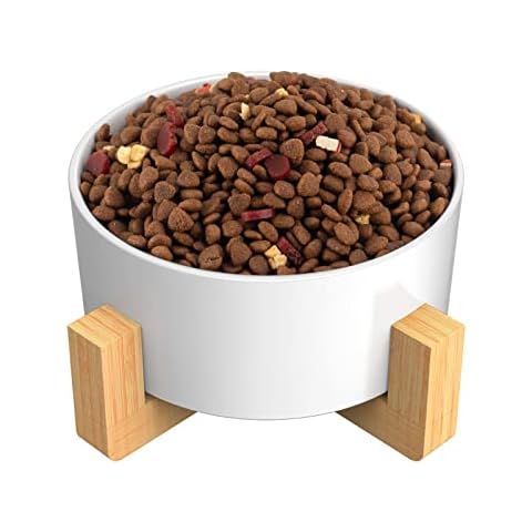 AirCover Ceramic Dog & Cat Bowls with Bamboo Stand, Non-Skid Pets Diner Set, Food Bowl or Water Bowl for Small Medium Sized Dogs Cats (3.4 Cups-Single, White) Cover
