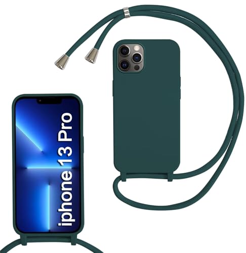 FERLAN Funda Silicona Líquida con Cuerda para iPhone 13 Pro,Carcasa Ultrafina Suave Silicona Case con Correa Colgante Ajustable Collar Correa de Cuello Cadena Cordón,Verde Oscuro