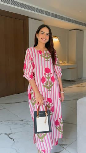 Image of LookMark Women Viscose Rayon Stripes with Floral Printed Stitched Kurta with Pant | Pink Color Kurta Set | Kurta with Pant Set for Woman | Printed Kurta Set