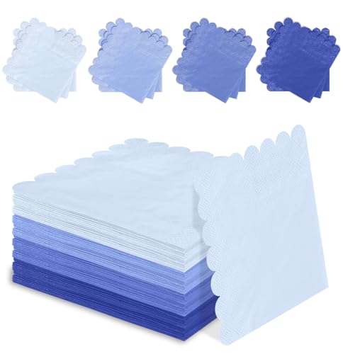 SietDESEO 48 Pieces 3-ply Gradient Blue Napkins Disposable Folded 5 x 5 Inches Scalloped Cocktail Napkins Paper Napkins for Dinner Wedding Birthday Party Blue Dessert Napkins