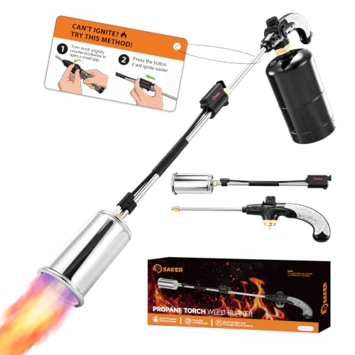 Saker Propane Torch Weed Burner 45 000 BTU Flame Thrower with 30 Curved Handle Comfort Grip Heavy Duty Propane Torch for Weed Control Ice Melting & Snow Removal (Propane Tank Not Included)