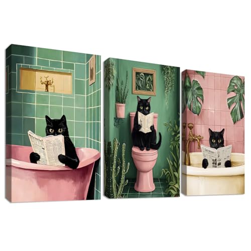 3Pcs Cadre en Bois Impression sur Toile Drôle de Chat Noir Tableau Image sur Toile Chaton Rose Vert Plantes Baignade Peinture Tableau Decoration Murale Salle...