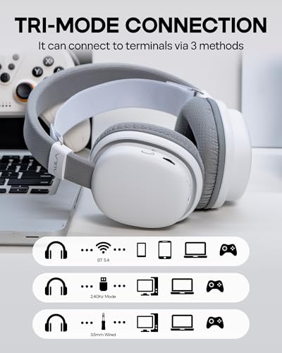 Image of MechLands Aula G7 Wireless Gaming Headset for PS4 /PS5 /PC /Switch, Over-Ear Headphones with Detachable Noise Canceling Mic, RGB, Surround Sound, 60H Battery, 2.4GHz /BT /Wired (White)