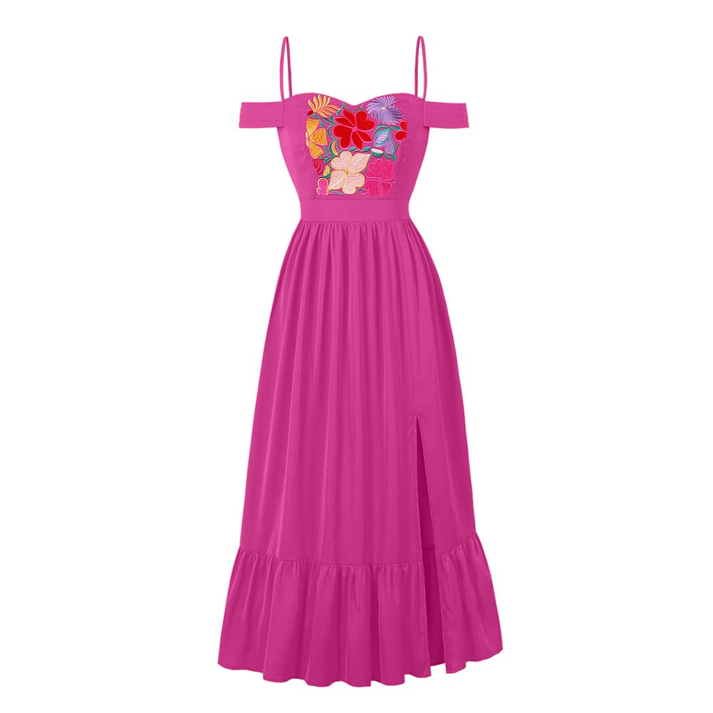 Mexican Dress for Women Off the Shoulder Floral Embroidered Ruffle Maxi Dress Summer Boho Fiesta Cinco de Mayo
