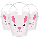 Zcaukya Easter Buckets, Set of 3 Plastic Easter Bunny Baskets with Handles, Empty Plastic Easter Pails for Kids Easter Egg Hunt Party Favors