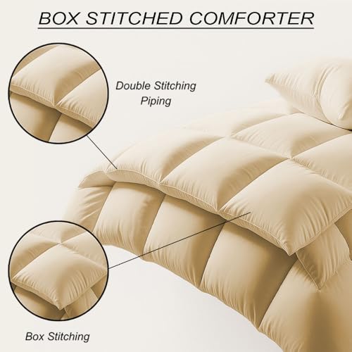 Image of Full Size Comforter Set - All Season Down Alternative Bedding Comforter Set - Quilted Duvet Insert with Corner Tabs - Box Stitched Blanket - Breathable, Soft - Beige