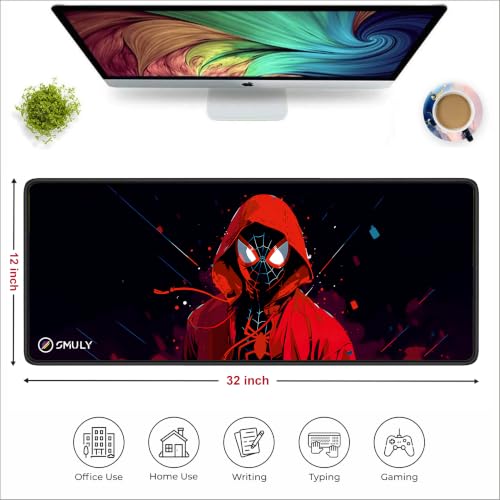 Image of Gaming Mouse Pad, Large Desk Mat 12 x 32 inch, Extended Washable Mousepad, Desk Pad, 3mm Thick Non-Slip Rubber Base, Stitched Edges, Smooth Surface (Multicolour) - Red Hoodie Spider Design