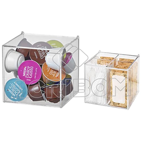Kit Caixa Porta Cápsulas de Café + Caixa Porta Sachês de Açúcar C/Tampa Articulada em Acrílico Crist