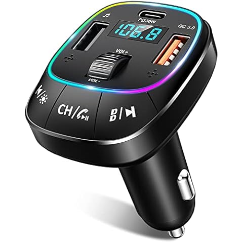 RIWUSI Bluetooth FM Transmitter for Car, Type-C PD 30W & QC 3.0 Quick Charging Bluetooth Car Adapter with Bass Boost Function, Dual Mic FM Radio Receiver Music Player/Car Kit, Hands-Free Calling Cover