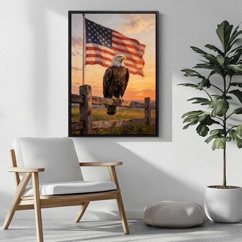 Image of American Flag Framed Canvas Wall Art, 4th of July Red White Blue Canvas Prints, USA Flag with Bald Eagle Patriotic Decorations, Vintage Independence Day Wall Decor for Bedroom Living Room 20x24