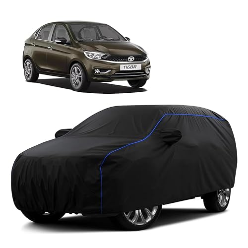 Image of Sulfar 100% Water Resistant Car Body Cover Compatible with Mirror for Tata Tigor (Triple Stitched, Full Bottom Elastic, Black Tafetta with Blue Piping)