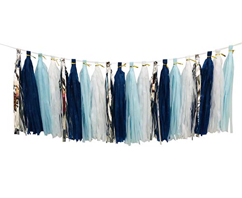 Tissue Paper Tassel DIY Party Garland Decor for All Events & Occasions - 20 Tassels Per Package (Blue-Navy-White-Silver)