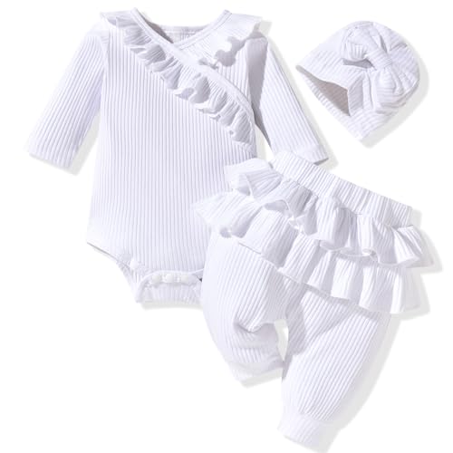 Image of fioukiay Preemie Newborn Baby Girl Clothes Infant Girl Solid Ribbed Outfits Ruffle Romper and Pants 3PC Clothing Sets