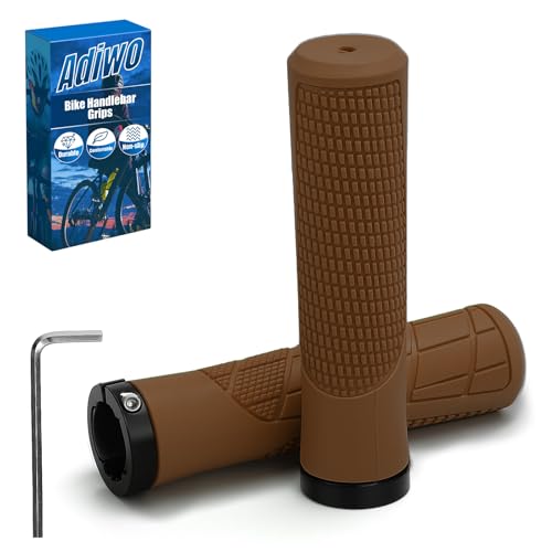 Adiwo Puños para Bicicleta, 1 par Puños de Manillar de Bicicleta con Bloqueo de Aluminio, Antideslizantes de Goma, 22mm Mojadura, Ergonómicos, Incluye Una Llave Allen, para MTB, Plegables,B-Marrón
