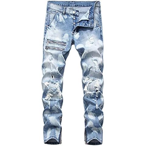 HENGAO Mens Ripped Skinny Slim Fit Stretch Jeans, Fashion Distressed Destroyed Comfort Straight Leg Denim Pants, 1161 Light Blue, 44 Cover