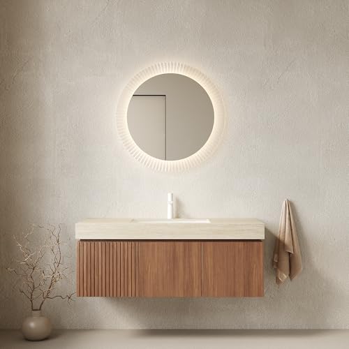 KEIKI 48 Inch Floating Bathroom Vanity with Sink, Modern Wall Mounted Storage Cabinet with Drawer, Pre-assembled Waterproof Wood Panels, Sintered Stone Top & Ceramic Basin Combo Set, Brown Oak & Beige