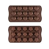 2 Pcs Heart Star Silicone Molds - 15-Cavity for Chocolate, Ice Cube Trays, Candy, Cake - 100% Food-Grade Small Heart and Star Shape for Party, Wedding, Jelly, Baking