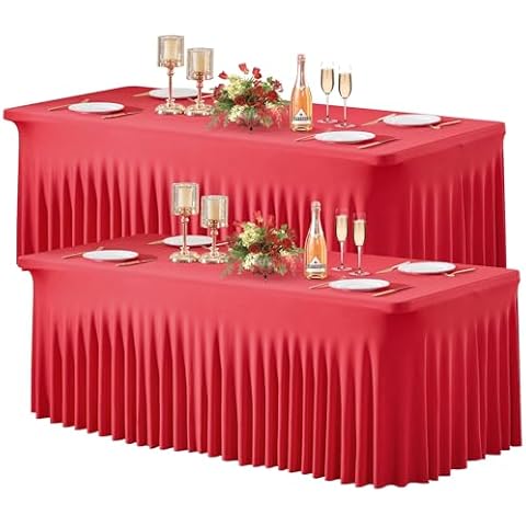 Wish Care 2 Pack Red Spandex Table Clothes for 6 Foot Rectangle Tables, 6FT Wrinkle Free Fitted Tablecloths Ruffles Design Table Cover for Party, Banquet, Wedding and Events Cover