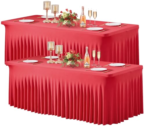 Wish Care 2 Pack Red Spandex Table Clothes for 8 Foot Rectangle Tables, 8FT Wrinkle Free Fitted Tablecloths Ruffles Design Stretch Table Cover for Party, Banquet, Wedding and Events