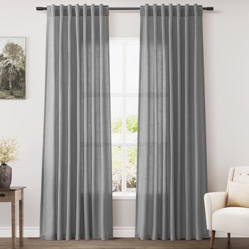 Image of Dark Gery Linen Curtains 84 Inches Long for Bedroom Rod Pocket Back Tab Light Filtering Privacy Semi Sheer Curtains Farmhouse Decor Cotton Textured Curtain for Living Room 2 Panels Set 52x84 Inch