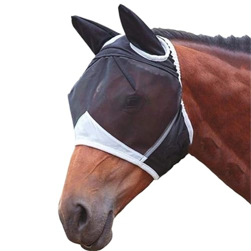 Máscara antimoscas de malla fina for caballos con orejas y protección UV, suave para caballos(M Black)