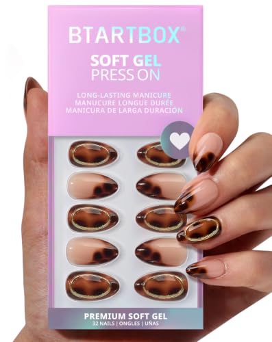 BTArtbox Press On Nails, Short Almond French Tip Nails, 32 Pcs Full Kit