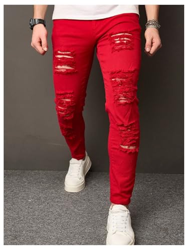 WDIRARA Men's Denim Splash Ink Print Ripped Raw Hem Distressed Skinny Jeans Pants with Pockets3