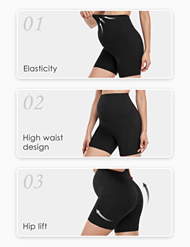 Hofish Women's Maternity Biker Yoga Shorts Over The Belly Maternity Bike Shorts With Pockets #TOP3