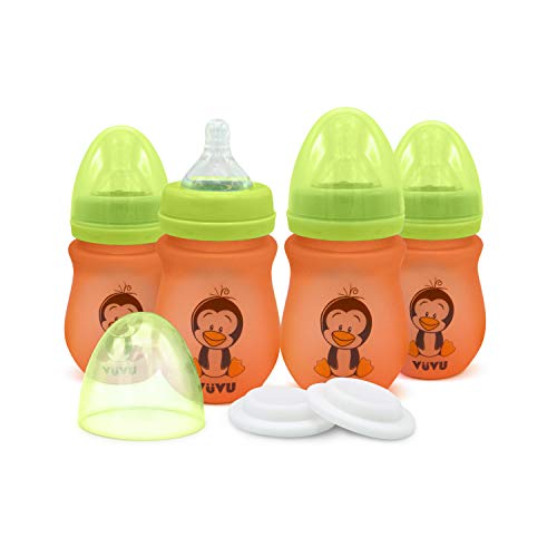 Dharma & Me VUVU Baby Feeding Bottle | Borosilicate Glass, Anticolic Silicone Nipple, 3M+ | BPA Free, Wide Neck, Leak Proof | 6oz/180ml, (Orange/Green, 4 Count + 2 Silicone Disc)