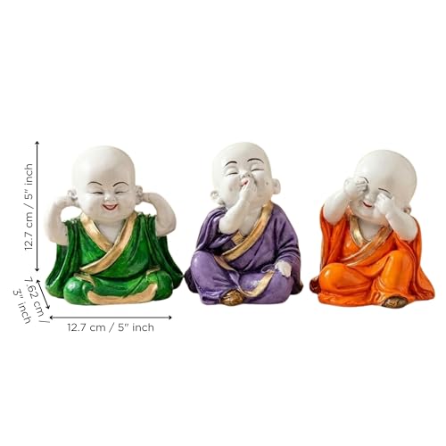 Image of eCraftIndia Resin Green, Purple & Orange Think No Evil Speak No Evil Hear No Evil Set of 3 Cute Little Monk Buddha Statues Decorative Showpieces for Car Dashboard Home Office Desk Decor Gift Purpose