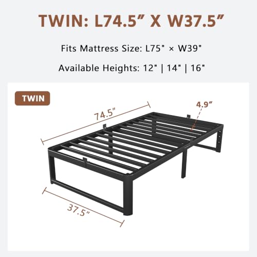 Image of ZTH Twin Size Metal Platform Bed Frame 16 in, No Box Spring Needed, Black | Heavy duty support, Underbed storage, Noise-free design, Anti-slip clips, Rounded legs, Easy assembly, Headboard compatible