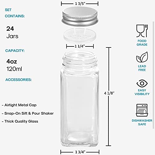 AOZITA 24 Pcs Glass Spice Jars/Bottles - 4oz Empty Square Spice Containers with Spice Labels - Shaker Lids and Airtight Metal Caps - Silicone Collapsible Funnel Included (AO-001-UK)