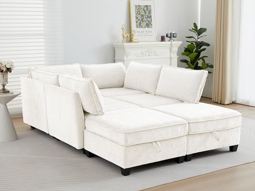 Image of ORRD Sleeper Modular Sectional Sofa Set, Convertible Couch Bed with Storage, 6 Seater and 4 Armrestes Sofa Modular for Living Room, Office (Beige)