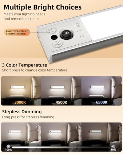 Image of EZVALO 12inch Under Cabinet Lighting, 2 Pack 3100mAh Rechargeable Motion Sensor Light Indoor with 3 Color Temperatures, Dimmable & Magnetic Closet Light, Wireless Counter Lights for Kitchen, Stairs