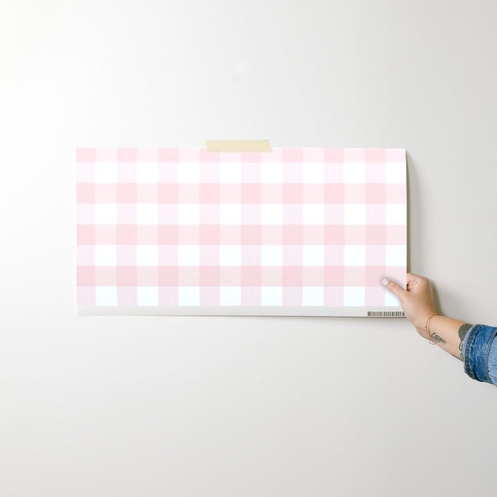 Peel & Stick Wallpaper Swatch - Pastel Pink Plaid Country Gingham Farmhouse Chic Classic Buffalo Check Cottagecore Custom Removable Wallpaper by Spoonflower