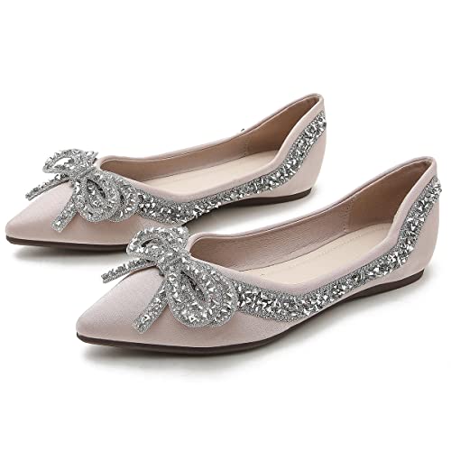 Hee grand Flats for Women Bowknot Mary Jane Shoes Square Toe Ankle Strap Ballet Flats Shiny Patent Leather Dress Shoes Comfortable Work Shoes