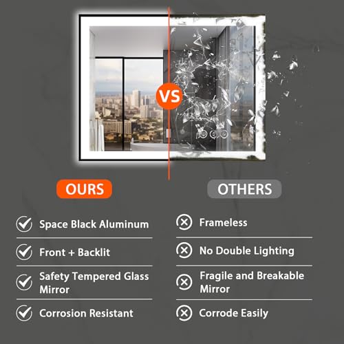 40x32 Bathroom LED Mirror, Black Aluminum Edge Lighted Mirror, 3 Colors Stepless Dimmable Vanity Mirror, Skincare, Anti-Fog, Shatter-Proof, ETL Listed, Memory Smart Mirror(Horizontal/Vertical)