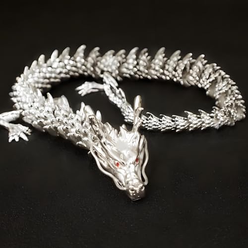 LIYAOLI 3D Printed Metal Articulated Dragon 2024 Silver Chinese Dragon Statue 9 Inch Flexible Joints Luck Statue Decor for Home Office Desk Decoration