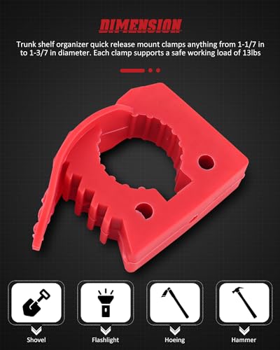 Image of Overlanding Shovel Holder for Home, Off-road vehicle | Rubber Material, 4 Pack, Red, Quick-Release Clamp, for 1-1 /7'' to 1-3 /7'' Diameter Tools and Equipment